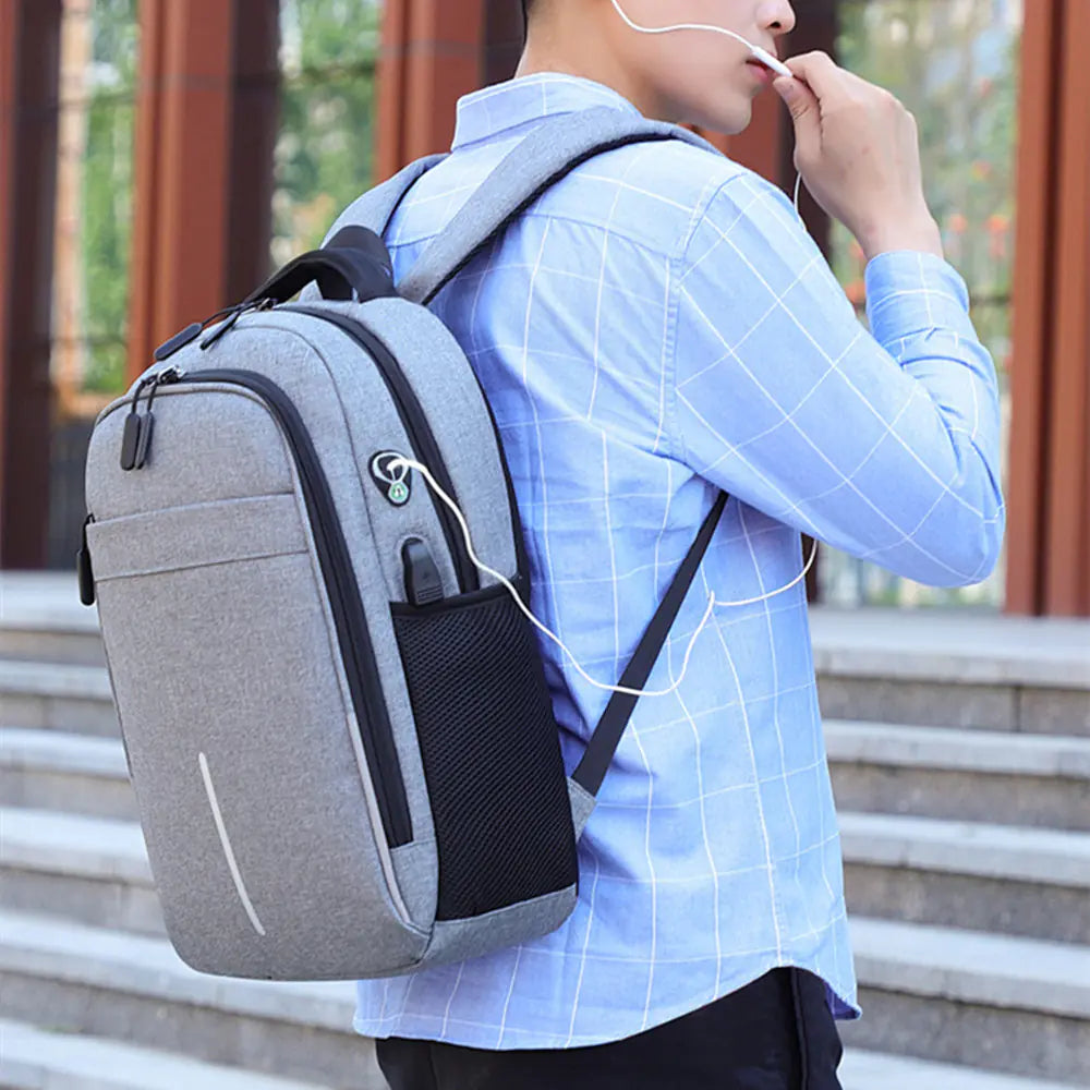 Business laptop backpack worn by professional - comfortable travel computer bag in use